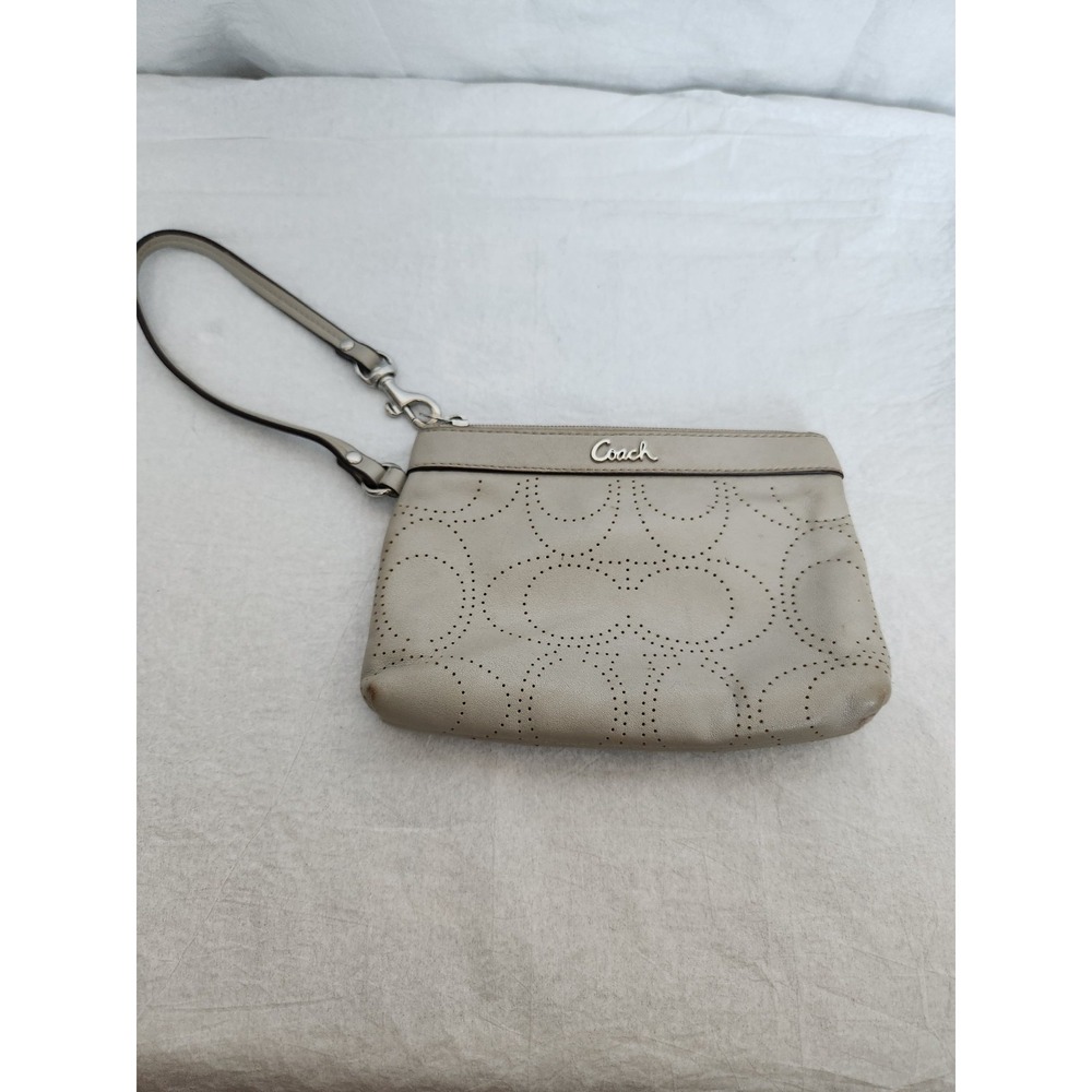 Coach Leather Punched C Logo Signature Wristlet Pouch Clutch Taupe Gray